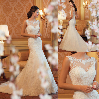 Кружева русалка свадебные платья 2015 длиной до пола сексуальная спинки милая невеста Большой размер vestido noiva casamento