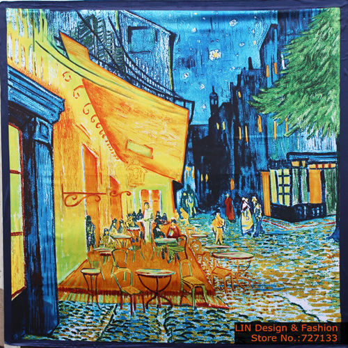 Free Shipping 2015 New Arrival Women Vincent van Gogh Oil Painting Coffee house big size silk