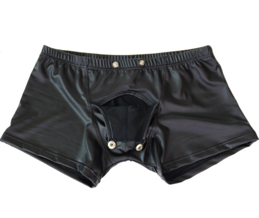 2021 Iefiel Open Pouch With Hole Sexy Men Faux Leather Boxer Shorts Underwear Underpants Bulge 0546