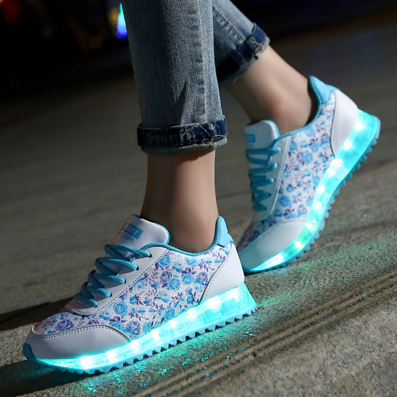 Women Colorful glowing shoes with lights up led luminous shoes a fashion floral sole led shoes for adults neon flats