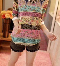 New 2015 Summer Women Korean Chiffon Print Lace Three Quarter Puff Sleeve O neck Loose Tee