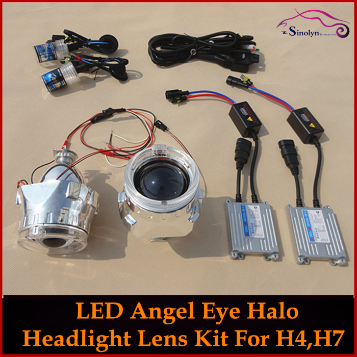 Car Retrofit HID 2.5'' Bi xenon Projector Headlight Lens H4 H7+LED Optic Angel Eyes Ring+ Xenon Lamps+ AC Slim Ballasts+ Wiring