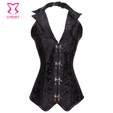 Black Vintage Halter Collar Steel Boned Long Waist Training Corset Steampunk Gothique Espartilhos E Corpetes Sexy Lingerie Women
