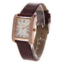 New Brown PU Leather Band Ladies Women Watch Alloy Square Diamante Face Quartz WristWatch