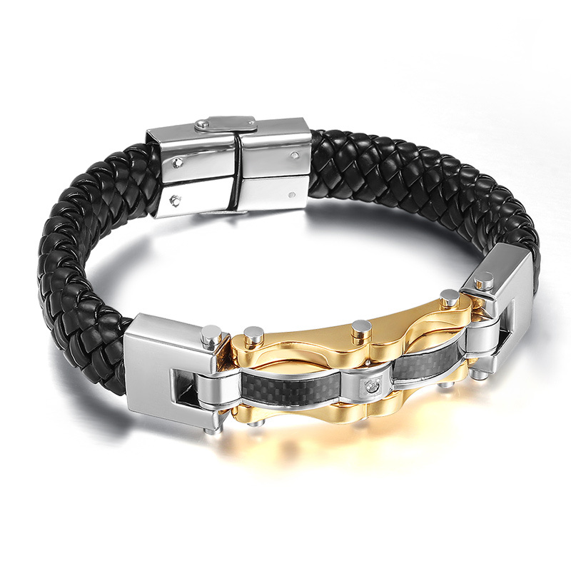 Fashion Punk  Leather Men Bracelets & Bangles High Quality Stainless Steel  18K Gold Plated Charm Bracelet For Male