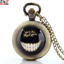 Vintage Glass Art Alice In Wonderland Pocket Watch Skeleton Were All Mad Here Bronze Necklace Steampunk Men pendant P224