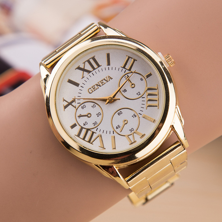 2015 New Brand 3 Eyes Gold Geneva Casual Quartz Watch Women Stainless Steel Dress Watches Relogio Feminino Ladies Clock Hot Sale