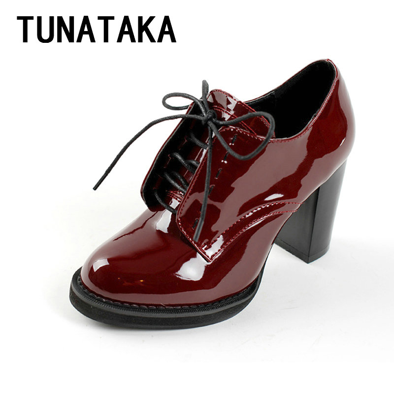 Casual Lace Up Thick High Heel Shoes Fashion Patent Leather Woman Pumps Heels Red Color Plus