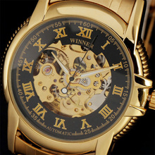 2016 Winner Luxruy Brand Men Wristwatch Skeleton Clock Male Metal Strap Casual Mechanical Automatic Watches Golden