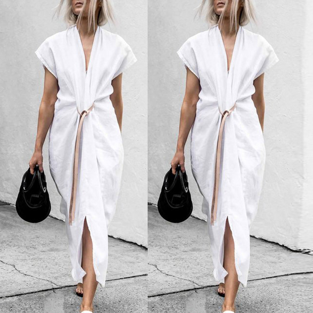white linen belted dress