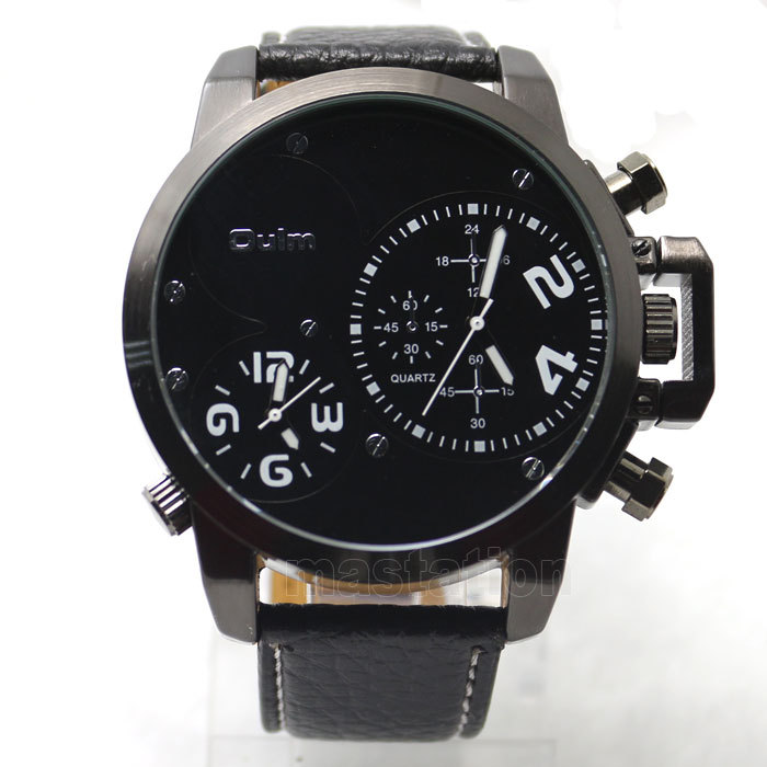 2015 Oulm Genuine Leather New Fashion Men Sport Watch Two Time Zone Watch Men s Quartz