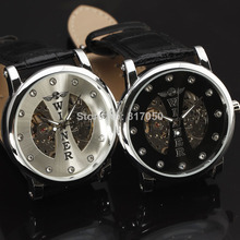 new 2014 fashion hot sale winner skeleton men rhinestone leather strap sport military mechanical hand wind