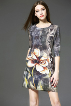 2016 Summer New Women Clothing Silk Printing Short Five sleeves elegant flower printed temperament high end lady Dress