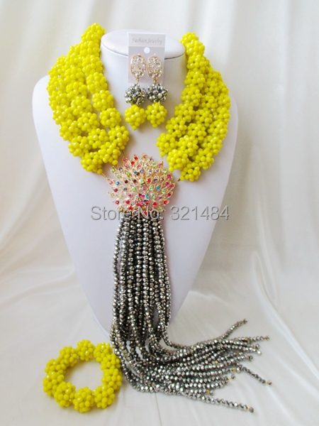 New! Opaque yellow ball silver strand crystal beads nigerian wedding african beads jewelry set costume jewelry set VC1113