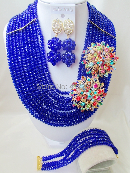 Amazing Brooches Royal Blue Crystal Beaded Nigerian Beads Necklaces African Wedding Beads Jewelry Set CPS4968