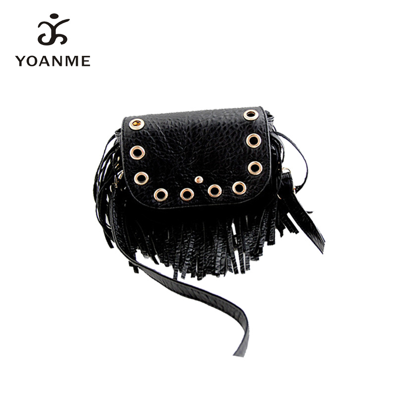YOANME America and European Women Black Vintage Shoulder Bag Autumn Tassel Fringe Bag Trendy PU Lady