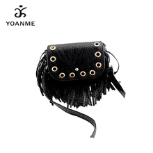 YOANME America and European Women Black Vintage Shoulder Bag Autumn Tassel Fringe Bag Trendy PU Lady