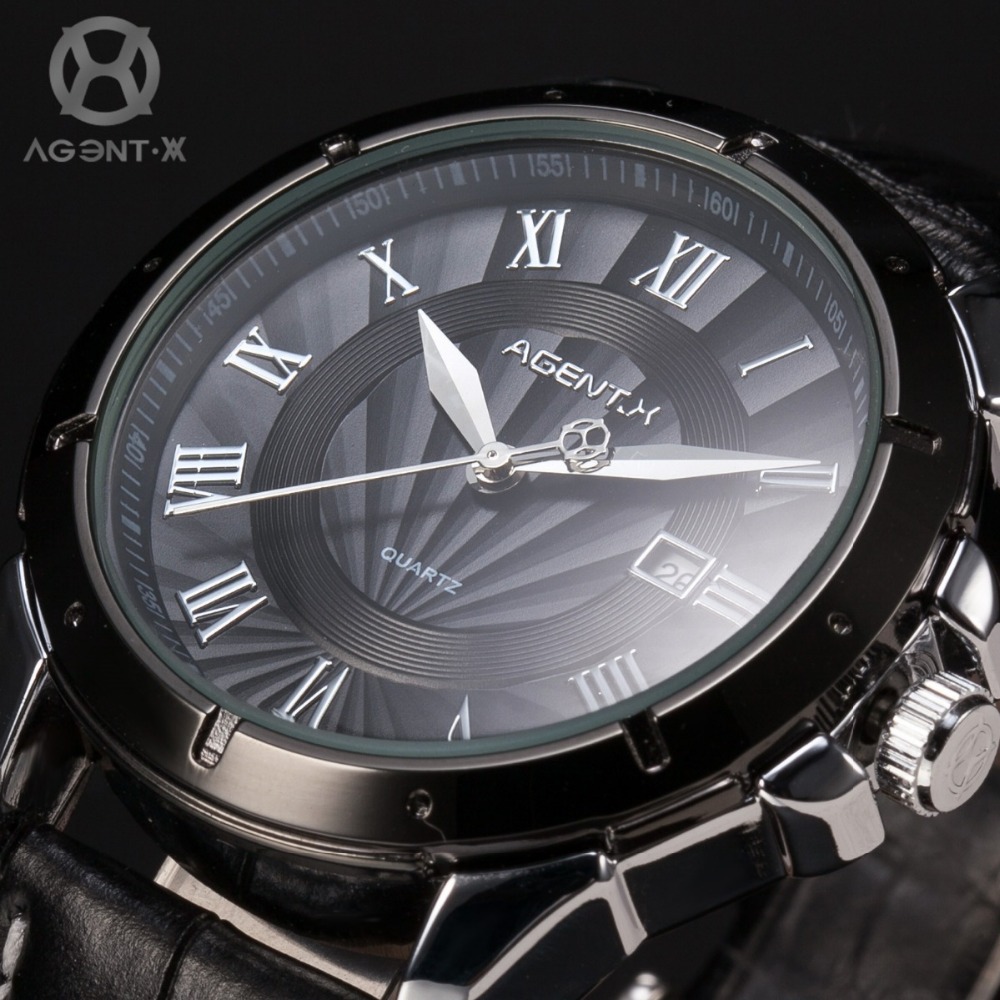 Гаджет  AGENTX Black Dial Stainless Steel Case Reloje Auto Date Display Analog Leather Band Analog Men Quartz Casual Wrist Watch /AGX041 None Часы