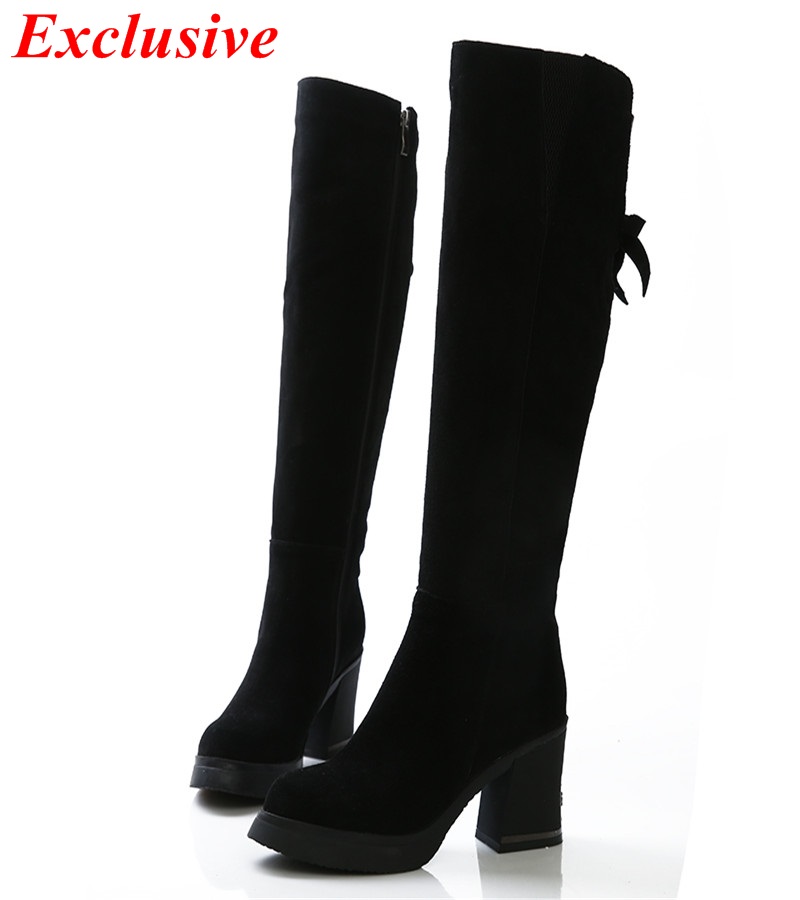 Woman Sequined Knee-high Boots Winter Short Plush Nubuck Leather Thick With Long Boots Cowhide Black Sequined Knee-high Boots