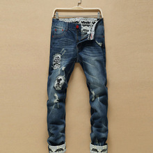 2016 New men jeans ripped embroidery Stylish hole straight jeans Cotton true religious jeans men clothing