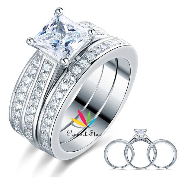 ... Diamond Solid 925 Sterling Silver 3-Pc Engagement Bridal Ring Set