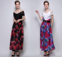 2015 Fashion Summer Style Long Floral Skirts High Waist Ankle-Length Tutu Skirt Rose Black Ball Gown Skirts Womens With Belt