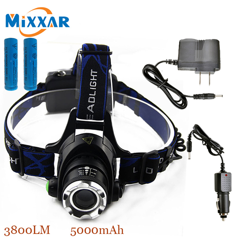 ZK30 3800LM Cree XM-L T6 Led Headlamp Zoomable Head Light Waterproof Head Torch+AC Charger+Car charger+2*18650 5000mAh Batteries