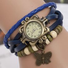 2015 Vintage High Quality Women Butterfly Pendant Bracelet Wristwatch Braided Leather Quartz Dress Watch Women Clock