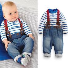 Hot New Baby Boy Long Sleeve T-shirt +Jeans Bib Pants Overall Outfits Clothes Set 2 Pcs