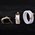 Blucome Luxury Copper Ceramic Earrings Ring Set Zircon Princess Stud Earrings Three Flower Rings For Wedding