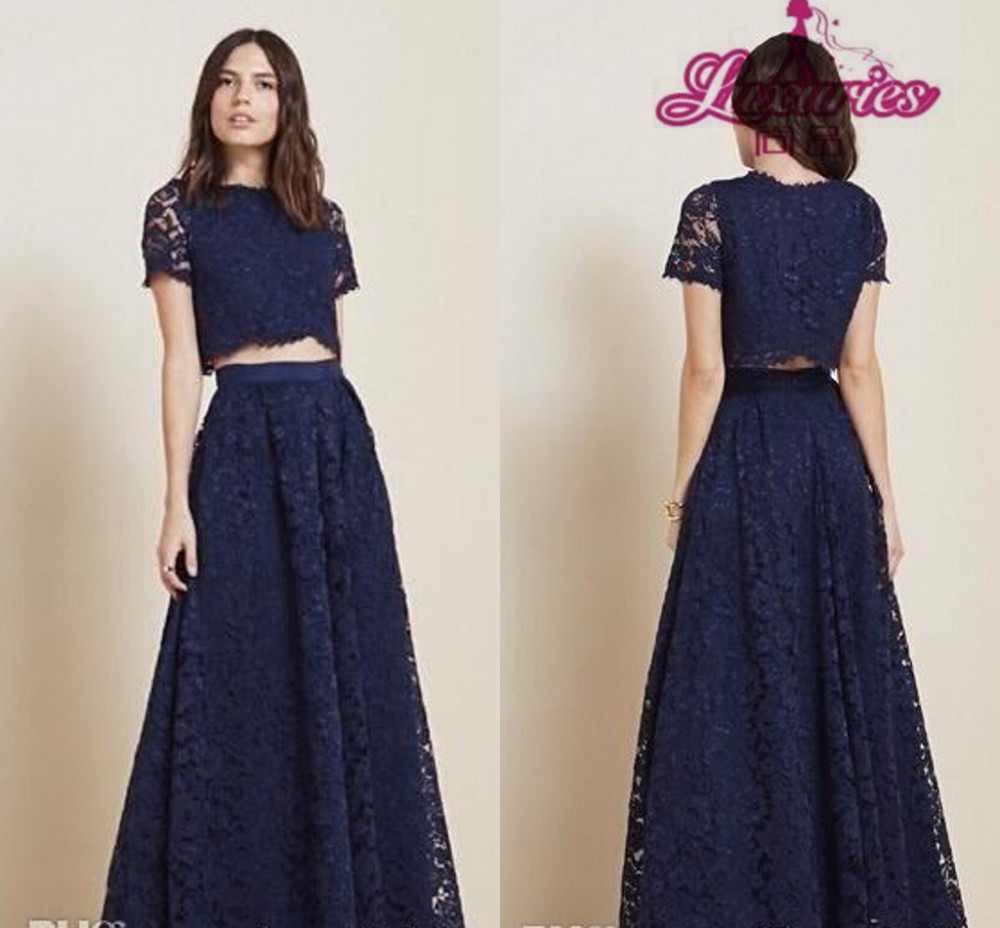 Two Pieces Navy Blue Lace Evening Dresses