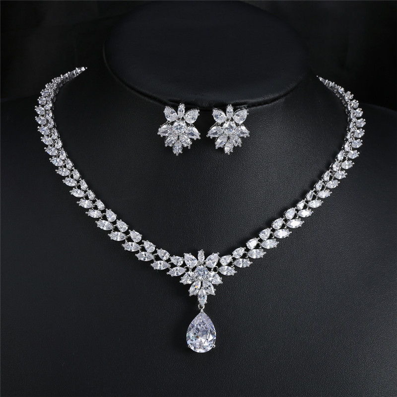 2015 New Luxury sparkling Jewelry Sets Platinum plating AAA zircon Ice flowers Water Drop Necklace+Earrings Wedding Jewelry Sets