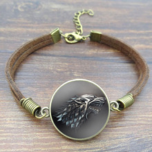 Fashion Glass Cabochon Vintage Brown Rope Bracelet Movie Of Ice and Fire Game of Thrones Stark Wolf Charm Bracelet