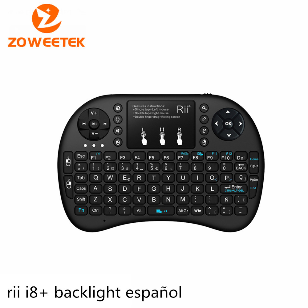 2.4G wireless Rii Mini i8 + Multifunction Backlit Spanish Keyboard with Touchpad for Smart TV, Android TV, Box, PC