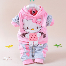 New 2015 Autumn Baby Kids Set Velvet Hello Kitty Cartoon T Shirt Hoodies Pant Twinset Long