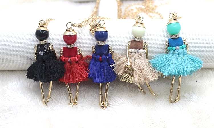 Fashion doll necklace for women 2015 Cute Assorted Colors Tassels Doll Necklace Women Jewelry Accessories Bijoux