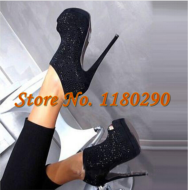 2015 New Fashion Women Peep Toe Black Rhinestone High Heel Ankle Boots Bling Bling Crystal Pumps Sexy Shoes