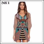 2015-summer-style-Women-short-dress-3-4-sleeve-Geometric-pattern-print-vestidos-vintage-ethnic-loose