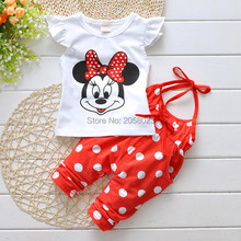 2016 Baby Set Dot Fly Sleeve Girl Clothes Suits Minnie Children Set Short Sleeved Tops T-Shirt + Overalls Spring/Summer 3Colors
