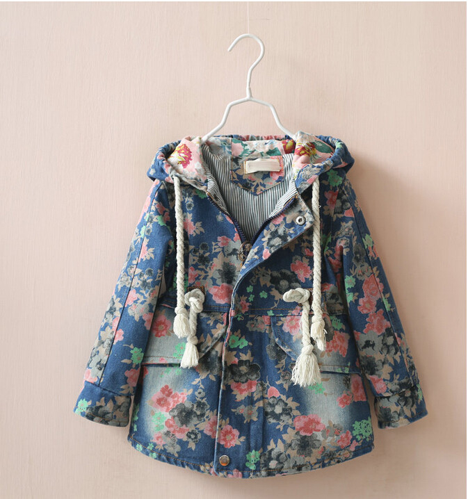 30687760 Retail 2015 New Autumn Fashion Girl Trench Floral Denim Print Flower Girl Coat Hooded Girl Outerwear Children Clothes