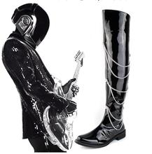Mens Black Leather Chain Over the Knee Punk Rock Boots Motorcycle Boots Cosplay Martin High Boots
