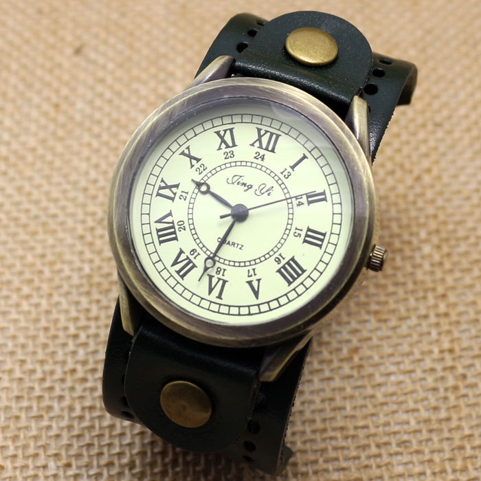 Dark Brown Roma Number Dial Vintage Leather Bracelet Quartz Wrist Watch Men Boy