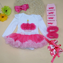 4PCs per Set Baby Girl Cupcake Tutu Dress Infant 1st Birthday Party Outfit Leg Warmers Shoes Headband