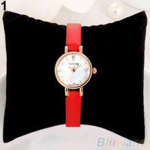 Women Rhinestone Rose Gold Alloy Case Ultra thin Faux Leather Band Wrist Watch 2BKE