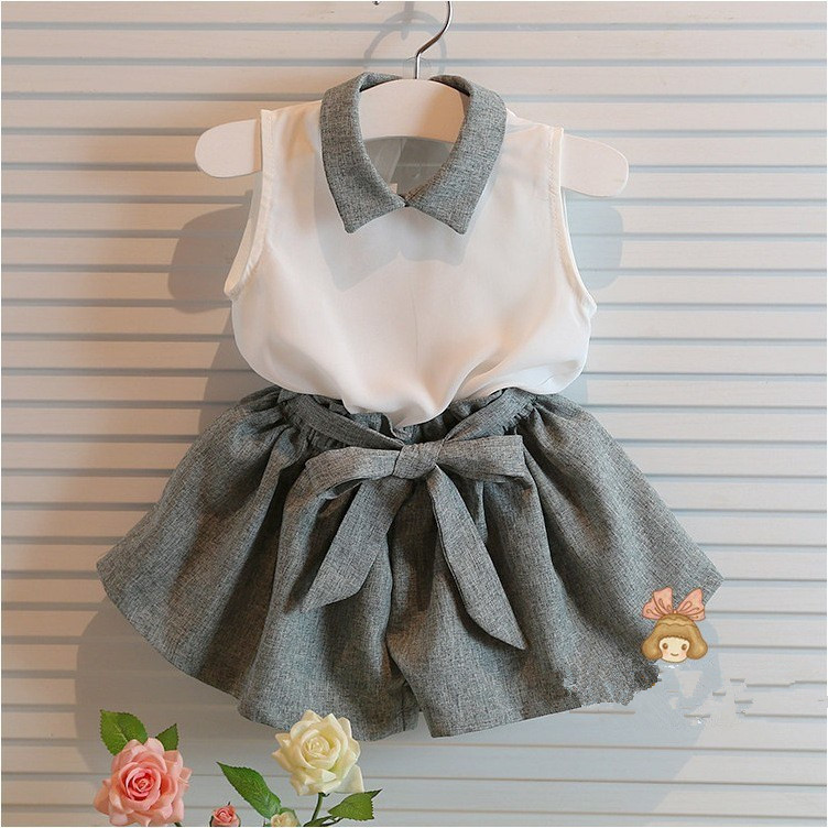 Girls clothes set clothing child clothes set white shirt and grey pants new 2015 summer chiffon