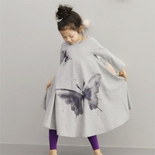 2016 Baby Girl Autumn Dress Max Batwing Loose Asymmetric Long Sleeve Girl Dress For Kids Costume Casual Butterfly printing