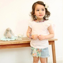 2 Colors 1-6Y Girls Kids Ruffled Sleeves T-shirt+ Bow-knot Jeans Pants Suit 2 PCS Set Outfits