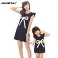 New Matching Mother And Daughter Dresses Clothes 2016 Print Bow Girl Dress Women Sleeveles Vestidos Family