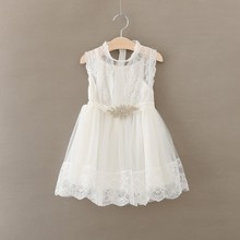 white princess Baby Girl Dress with Crystal belt vintage girl print lace Dresses for 2-7