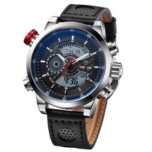 Weide WH-3401 Men ‘ de lujo genuino correa de cuero del cuarzo Digital LCD luz trasera militar pulsera del deporte – negro + plata